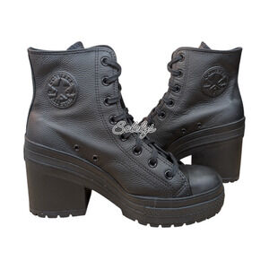 Converse Chuck 70 De Luxe Heel Leather Black Monochrome Sneaker Boot Womens 10.5